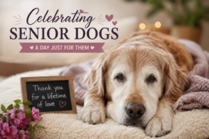 Senior golden retriever resting comfortably beside a “Thank you for a lifetime of love” sign, celebrating senior dogs at Paw Spa & Wellness.