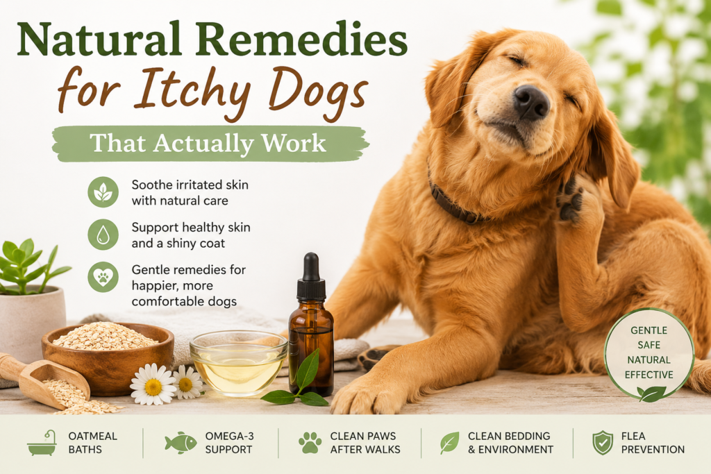 Golden retriever scratching its neck beside oatmeal and natural skin-care items, with tips for soothing itchy skin including oatmeal baths, omega-3 support, clean paws, clean bedding, and flea prevention.