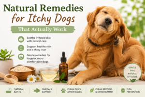 Golden retriever scratching its neck beside oatmeal and natural skin-care items, with tips for soothing itchy skin including oatmeal baths, omega-3 support, clean paws, clean bedding, and flea prevention.
