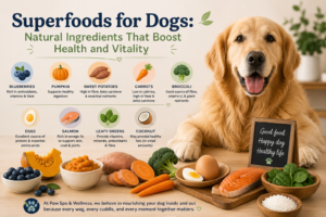  Happy golden retriever surrounded by dog-friendly superfoods including blueberries, pumpkin, sweet potatoes, carrots, broccoli, eggs, salmon, leafy greens, and coconut.