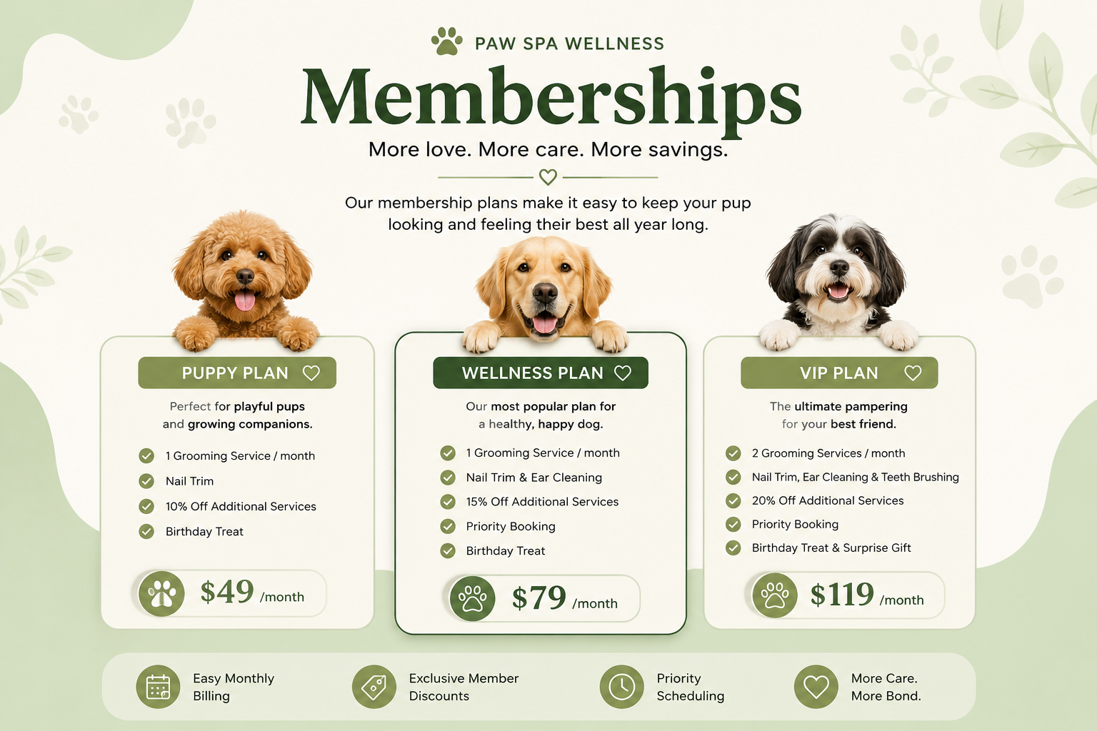 Paw Spa Wellness membership banner featuring three dog membership plans for grooming, wellness, discounts, priority booking, and monthly pet care benefits.