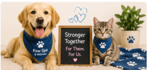 Dog and cat representing Paw Spa & Wellness partnership with local animal rescues